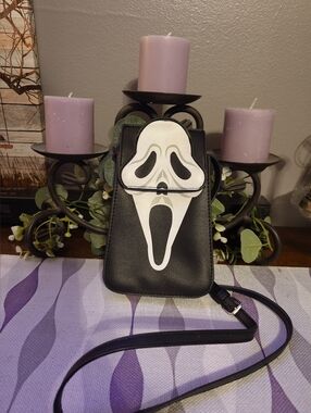 Black Crossbody Phone Bag with White Scream Mask Graphic